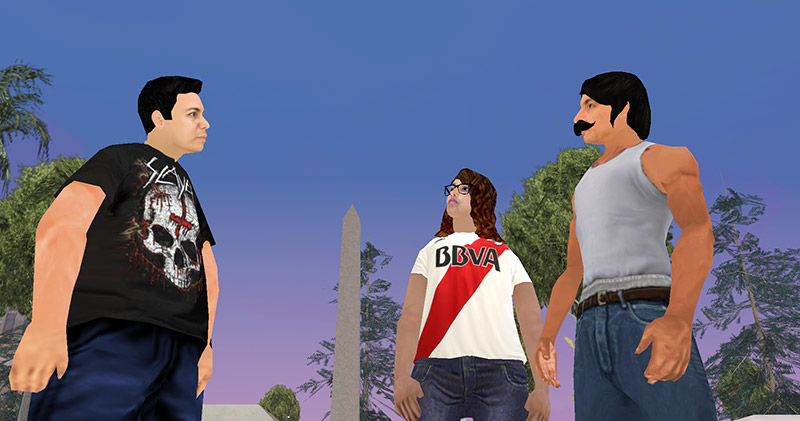 captura de una cinemática del juego en la que están hablando Baicito, Rita y Coffe, con unos árboles de fondo