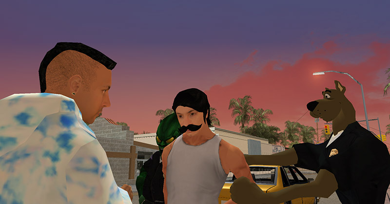 captura de una cinemática del juego en la que está Coffe apresado por el Duende Verde y Scooby Doo, hablando con Coscu