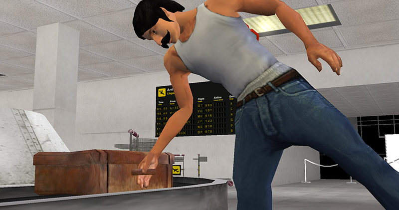 captura de la primera cinemática del juego, está el personaje de Coffe TV en un aeropuerto tomando su valija