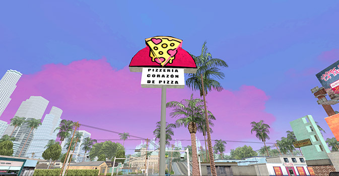 El cartel en la entrada de la Pizzería Corazón de Pizza