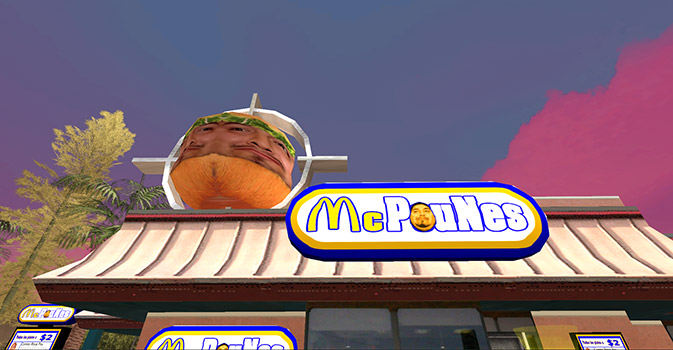 El logo y la hamburguesa gigante del McPouNes