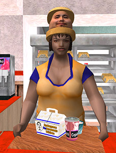 captura de la empleada del McPouNes con un menu en una bandeja