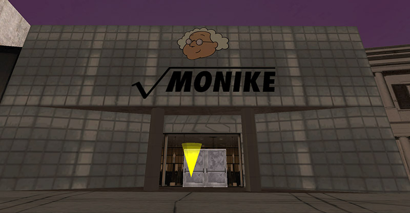 imagen del local de monike visto desde afuera, es un frente gris con el logo y nombre del local arriba 
                            y una puerta doble debajo