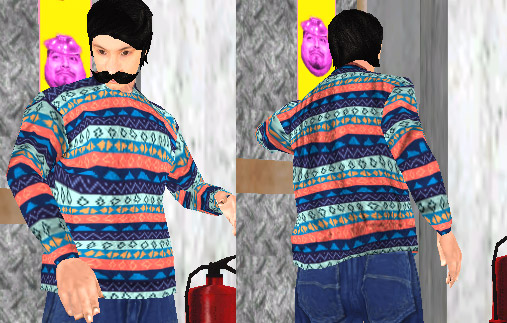 captura de Coffe probándose el pulover rayadin azul y rosa