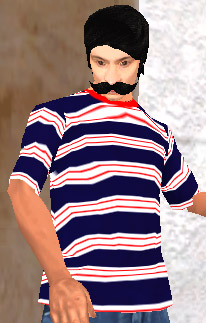 captura de Coffe probándose la remera rayadin azul, blanca y roja