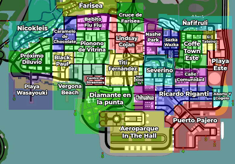 mapa de toda la ciudad de Coffe Town, con sus diferentes barrios señalizados