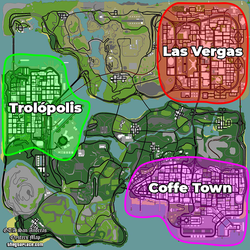 mapa de toda la región de San Fariseas, tiene señalizadas las tres ciudades del juego: Coffe Town, Trolópolis y Las Vergas