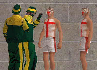 foto de cuatro miembros de la banda Ingleses Brazucas, dos brazucas y dos ingresesn, hablando frente a una pared
