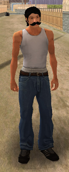 foto de Coffe al inicio del juego, llevando su corte de pelo característico, su bigote, y la musculosa blanca y los jeans azules de CJ