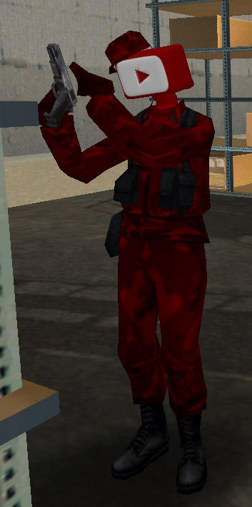 foto de un soldado del ejército youtube, con un uniforme de camuflado de color rojo, y la cabeza con el logo de youtube
