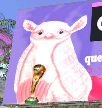 foto del pichi ciego en un cartel publicitario de su marca de bebidas, 'Cepichi'