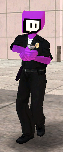 foto de lla policía twitch en la ciudad, a pie, con uniforme de policía y la cabeza con el 
                                    logo de twitch