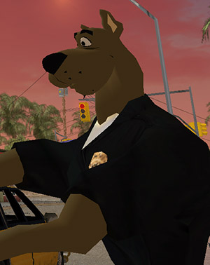 foto de Scooby Doo con el uniforme de policía sosteniendo a alguien con las manos
