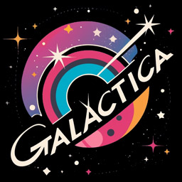logo de la radio galáctica, es un dibujo de varios colores con forma de planeta, con un fondo de estrellas, y las letras de 
                            'GALACTICA' atravesando el dibujo