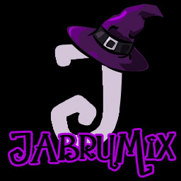 logo de la radio jabrumix, es el nombre de la radio con una letra J grande dertás, y la J tiene un sombrero de bruja, 
                            todo en colores violetas y blancos